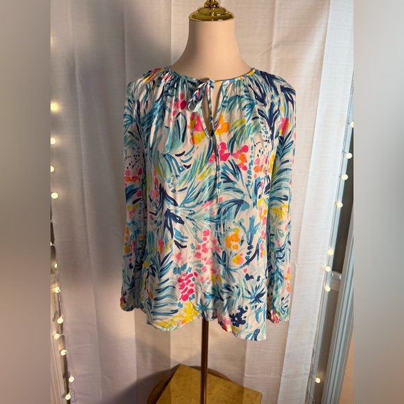 Lilly Pulitzer Blue Long Sleeve Tie Front Blouse - Picture 1 of 7